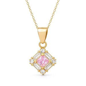 Created Pink & White Sapphire Pendant Solid 14k Yellow Gold